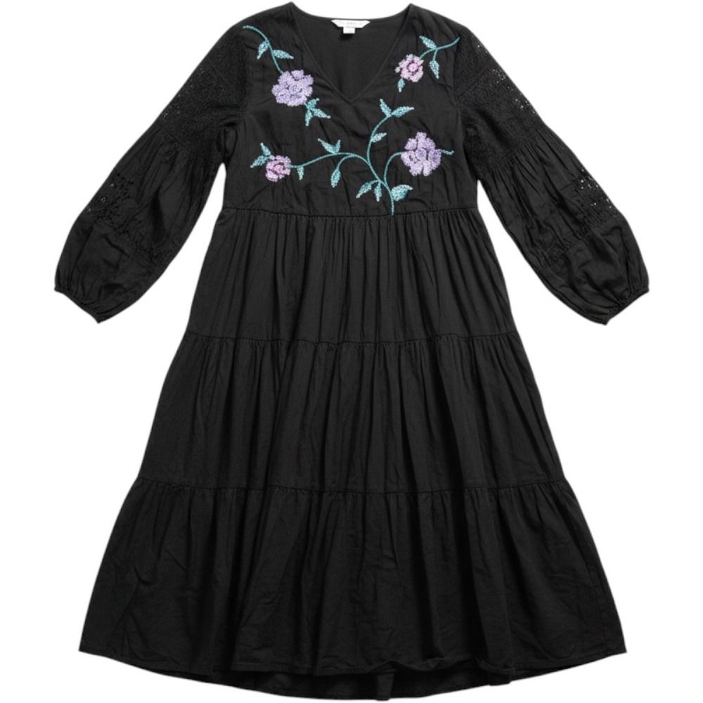April Cornell Ophilia Dress XL Black Floral crossstich Tiered Cottagecore